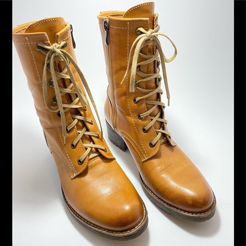 Shoe Embassy leather boots lace up with side zip. 1.5” heel